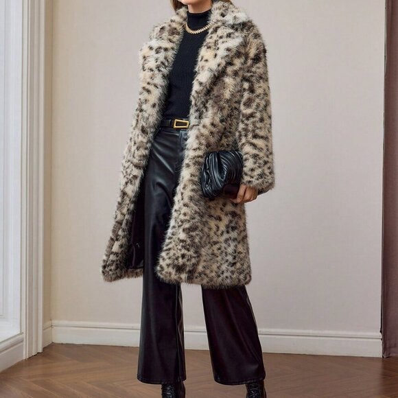 Multicolor Casual Women's Faux Fur Leopard Print Lapel Collar Long Coat - Picture 5 of 8